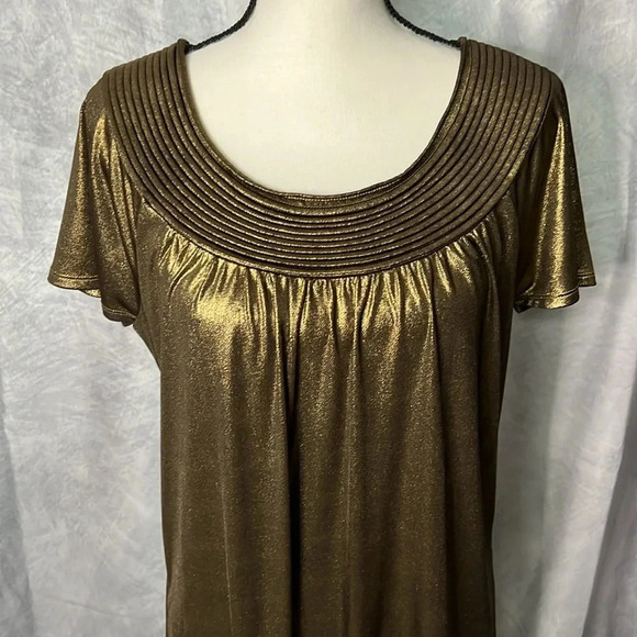 Dana Buchman Gold Metallic Scoop Neck Short Sleeved Blouse - size Small - Picture 2 of 11